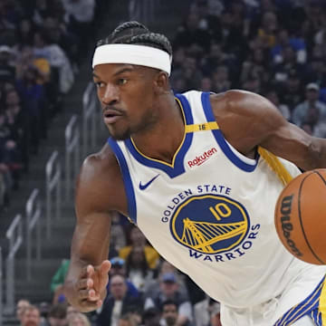 Mar 8, 2025; San Francisco, California, USA;  Golden State Warriors forward Jimmy Butler III (10) drives to the basket against the Detroit Pistons in the first quarter at Chase Center. Mandatory Credit: David Gonzales-Imagn Images