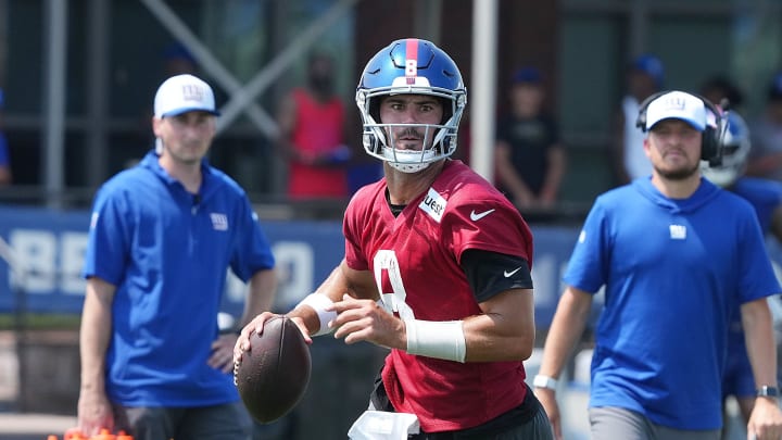 East Rutherford, NJ -- August 1, 2024 -- Quarterback Daniel Jones during practice today at training camp for the New York Giants.