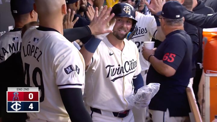 Farmer hit a three-run homer in the second inning of the Twins' tilt against the Angels on Tuesday night.