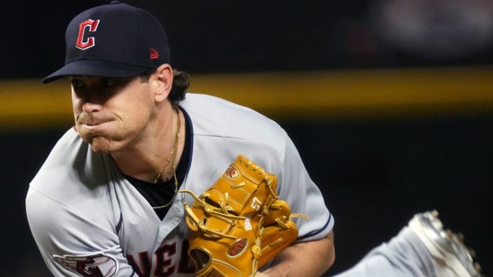 Cleveland Guardians' Shane Bieber (57) pitches against the Arizona Diamondbacks at Chase Field in Phoenix on June 17, 2023.