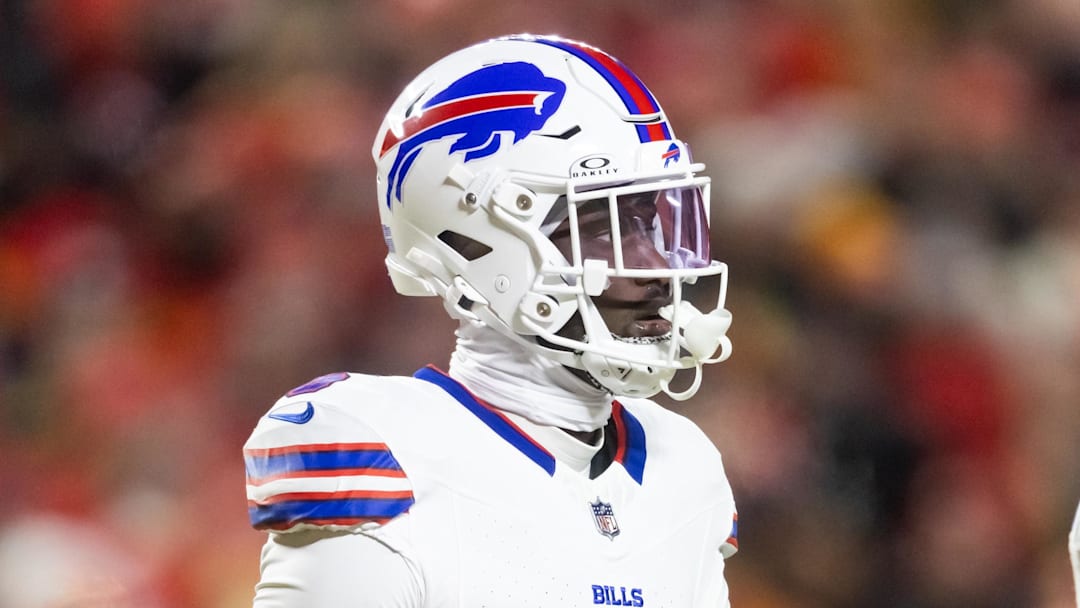 Jan 26, 2025; Kansas City, MO, USA; Buffalo Bills cornerback Kaiir Elam (5) against the Kansas City Chiefs during the AFC Championship game at GEHA Field at Arrowhead Stadium. Mandatory Credit: Mark J. Rebilas-Imagn Images
