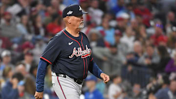 May 27, 2025; Philadelphia, Pennsylvania, USA; Atlanta Braves manager Brian Snitker (43) walks to the mound to make a pitching change during the fifth inning against the Philadelphia Phillies at Citizens Bank Park. Mandatory Credit: Eric Hartline-Imagn Images