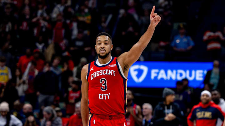 Feb 13, 2025; New Orleans, Louisiana, USA;  New Orleans Pelicans guard CJ McCollum (3) reacts to a play against the Sacramento Kings during the second half at Smoothie King Center. Mandatory Credit: Stephen Lew-Imagn Images
