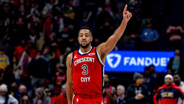 Feb 13, 2025; New Orleans, Louisiana, USA;  New Orleans Pelicans guard CJ McCollum (3) reacts to a play against the Sacramento Kings during the second half at Smoothie King Center. Mandatory Credit: Stephen Lew-Imagn Images