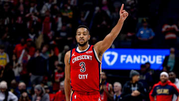Feb 13, 2025; New Orleans, Louisiana, USA;  New Orleans Pelicans guard CJ McCollum (3) reacts to a play against the Sacramento Kings during the second half at Smoothie King Center. Mandatory Credit: Stephen Lew-Imagn Images