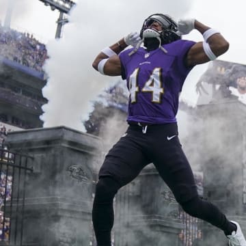 Oct 23, 2022; Baltimore, Maryland, USA;  Baltimore Ravens cornerback Marlon Humphrey (44) is introduced before a game against the Cleveland Browns at M&T Bank Stadium. Mandatory Credit: Jessica Rapfogel-USA TODAY Sports