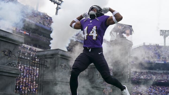 Oct 23, 2022; Baltimore, Maryland, USA;  Baltimore Ravens cornerback Marlon Humphrey (44) is introduced before a game against the Cleveland Browns at M&T Bank Stadium. Mandatory Credit: Jessica Rapfogel-USA TODAY Sports