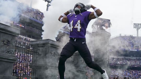 Oct 23, 2022; Baltimore, Maryland, USA;  Baltimore Ravens cornerback Marlon Humphrey (44) is introduced before a game against the Cleveland Browns at M&T Bank Stadium. Mandatory Credit: Jessica Rapfogel-USA TODAY Sports