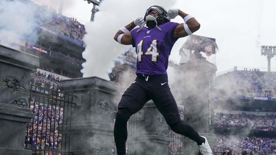 Oct 23, 2022; Baltimore, Maryland, USA;  Baltimore Ravens cornerback Marlon Humphrey (44) is introduced before a game against the Cleveland Browns at M&T Bank Stadium. Mandatory Credit: Jessica Rapfogel-USA TODAY Sports | Jessica Rapfogel-USA TODAY Sports