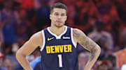 Mar 10, 2025; Oklahoma City, Oklahoma, USA; Denver Nuggets forward Michael Porter Jr. (1) walks down the court after a play against the Oklahoma City Thunder during the second quarter at Paycom Center. Mandatory Credit: Alonzo Adams-Imagn Images