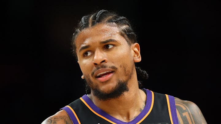 Apr 14, 2026; Phoenix, Arizona, USA; Phoenix Suns guard Jalen Green (4) against the Portland Trail Blazers during the play-in rounds of the 2026 NBA Playoffs at Mortgage Matchup Center. Mandatory Credit: Mark J. Rebilas-Imagn Images