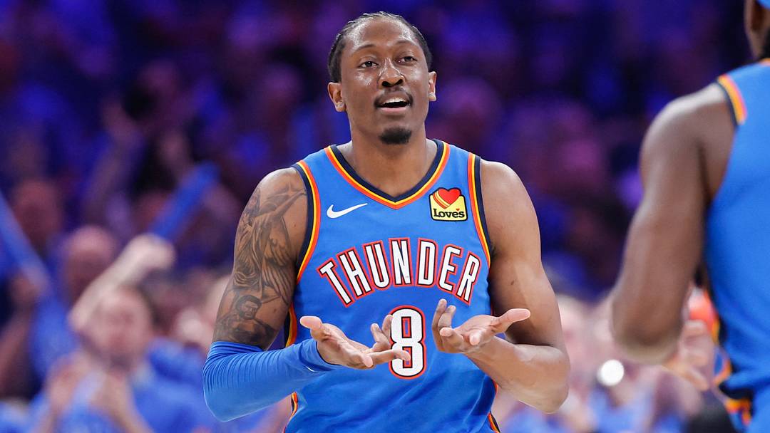 May 18, 2026; Oklahoma City, Oklahoma, USA; Oklahoma City Thunder forward Jalen Williams (8) reacts to a shot by forward Luguentz Dort (5) in the third quarter against San Antonio Spurs during game one of the western conference finals for the 2026 NBA playoffs at Paycom Center. Mandatory Credit: Alonzo Adams-Imagn Images May 18, 2026; Oklahoma City, Oklahoma, USA; Oklahoma City Thunder forward Jalen Williams (8) reacts to a shot by forward Luguentz Dort (5) in the third quarter against San Antonio Spurs during game one of the western conference finals for the 2026 NBA playoffs at Paycom Center. Mandatory Credit: Alonzo Adams-Imagn Images