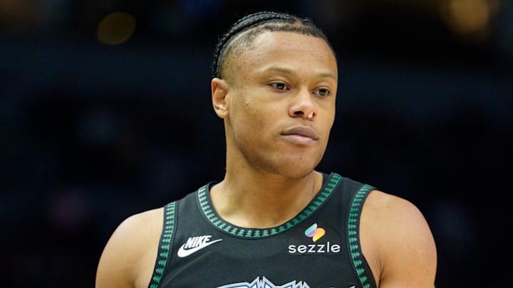 Jan 29, 2026; Minneapolis, Minnesota, USA; Minnesota Timberwolves guard Jaylen Clark (22) during a break in the action against the Oklahoma City Thunder in the second quarter at Target Center. Mandatory Credit: Matt Blewett-Imagn Images