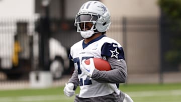 Jun 10, 2025; Arlington, TX, USA; Dallas Cowboys running back Miles Sanders (27) goes through a drill during practice at the Ford Center at the Star Training Facility in Frisco, Texas. Mandatory Credit: Chris Jones-Imagn Images