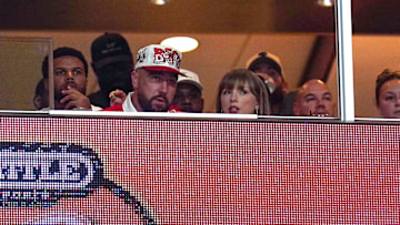 Travis Kelce and Taylor Swift watch the Cincinnati Bearcats and Nebraska Cornhuskers game at Arrowhead Stadium. 