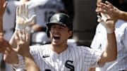 Chicago White Sox designated hitter Kyle Teel (8) celebrates against the Minnesota Twins at Rate Field. 