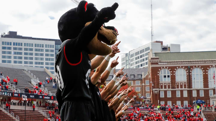 Oct 21, 2023; Cincinnati, Ohio, USA; The Cincinnati Bearcats mascot points to the sky during the playing of the alma mater before the game against the Baylor Bears at Nippert Stadium. Mandatory Credit: Katie Stratman-USA TODAY Sports