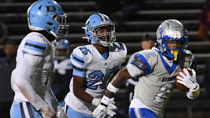 Byrnes played Dorman in the first round of the Region 2-AAAAA playoffs at Byrnes High School's Nixon Field on Nov. 3, 2023. Dorman's Kentavion Anderson (25) tries to run down Byrnes' Armoni Weaver (2) on a play.