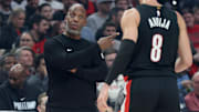 Oct 22, 2025; Portland, Oregon, USA;  Portland Trail Blazers head coach Chauncey Billups talks with Portland Trail Blazers forward Deni Avdija (8) in a game against the Minnesota Timberwolves at Moda Center. Mandatory Credit: Jaime Valdez-Imagn Images