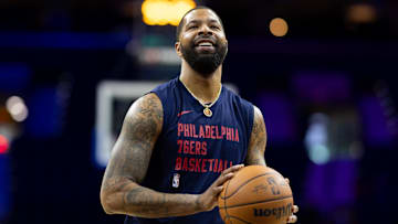 Feb 3, 2024; Philadelphia, Pennsylvania, USA; Philadelphia 76ers forward Marcus Morris Sr. warms up before action against the Brooklyn Nets at Wells Fargo Center. Mandatory Credit: Bill Streicher-Imagn Images