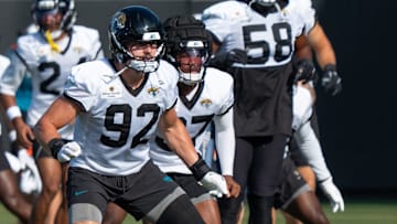 Jacksonville Jaguars defensive lineman Danny Striggow (92) stretches during the Jaguar’s 12th NFL training camp session at the Miller Electric Center, Thursday, Aug. 7, 2025, in Jacksonville, Fla. [Doug Engle/Florida Times-Union]