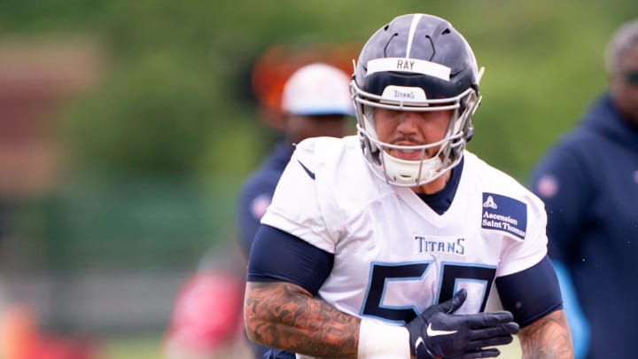 Tennessee Titans free agent Shane Ray (59) participates in rookie minicamp at Ascension Saint Thomas Sports Park in Nashville, Tenn., Friday, May 10, 2024.