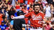 Sep 1, 2025; Cincinnati, Ohio, USA; Cincinnati Reds first baseman Sal Stewart (43) reacts after scoring on a two-run triple hit by third baseman Ke'Bryan Hayes (not pictured) in the second inning against the Toronto Blue Jays at Great American Ball Park. Mandatory Credit: Katie Stratman-Imagn Images