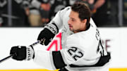 Oct 22, 2024; Las Vegas, Nevada, USA; Los Angeles Kings left wing Kevin Fiala (22) warms up before a game against the Vegas Golden Knights at T-Mobile Arena. Mandatory Credit: Stephen R. Sylvanie-Imagn Images