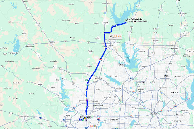 A map showing the Expo and Weigh-in in downtown Fort Worth, and the launch site at Lake Ray Roberts