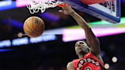 Toronto Raptors guard RJ Barrett (9) dunks the ball against the Philadelphia 76ers during the fourth quarter at Wells Fargo Center. 