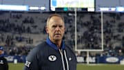 Tom Holmoe before BYU's 52–26 win over Utah Tech on Nov. 19, 2022.