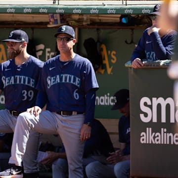 Seattle Mariners manager Dan Wilson (6) watches his team take on the Oakland Athletics during the eighth inning at Oakland-Alameda County Coliseum on Sept 5.