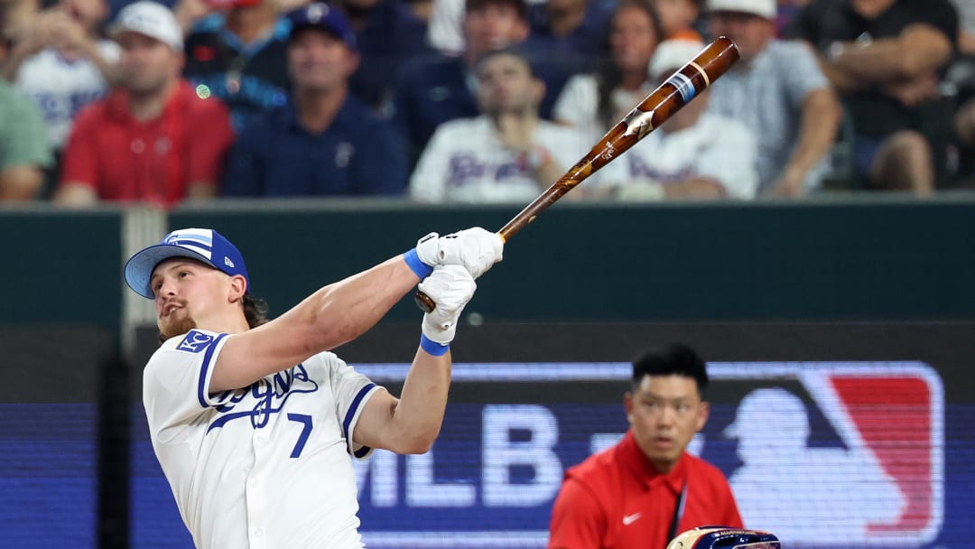 Jul 15, 2024; Arlington, TX, USA; American League shortstop Bobby Witt Jr. of the Kansas City Royals (7) competes during the 2024 Home Run Derby at Globe Life Field. 