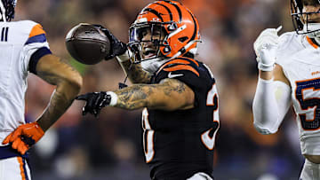 Dec 28, 2024; Cincinnati, Ohio, USA; Cincinnati Bengals running back Chase Brown (30) reacts after advancing the ball against the Denver Broncos in the second half at Paycor Stadium. Mandatory Credit: Katie Stratman-Imagn Images