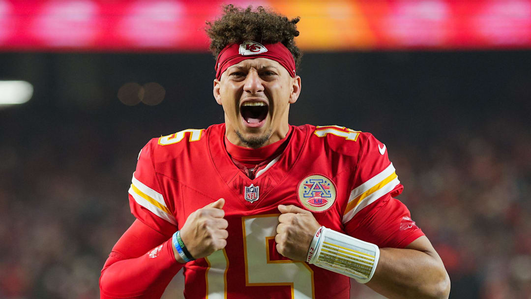 Dec 8, 2024; Kansas City, Missouri, USA; Kansas City Chiefs quarterback Patrick Mahomes (15) gets ready prior to a game against the Los Angeles Chargers at GEHA Field at Arrowhead Stadium. Mandatory Credit: Jay Biggerstaff-Imagn Images