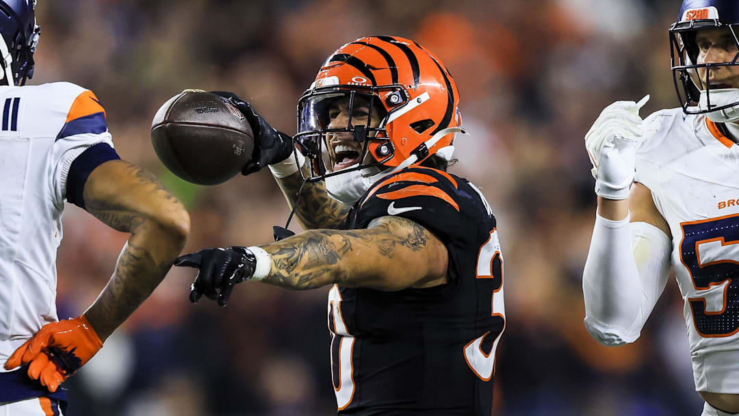 Cincinnati Bengals running back Chase Brown (30) reacts after advancing the ball against the Denver Broncos in the second half at Paycor Stadium. 