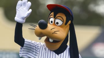 Mar 4, 2019; Lake Buena Vista, FL, USA; Disney's Goofy waves to fans before the start of a game between the Atlanta Braves and the Houston Astros at Champion Stadium. Mandatory Credit: Butch Dill-USA TODAY Sports
