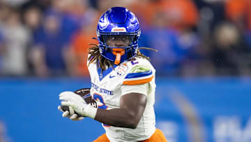 Dec 31, 2024; Glendale, AZ, USA; Boise State Broncos running back Ashton Jeanty (2) against the Penn State Nittany Lions during the Fiesta Bowl at State Farm Stadium. Mandatory Credit: Mark J. Rebilas-Imagn Images