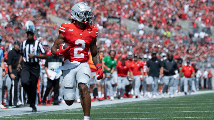 Sep 09, 2023; Columbus, OH, USA; Ohio State Buckeyes wide receiver Emeka Egbuka (2) runs in a touchdown in the second quarter of the NCAA football game against Youngstown State at Ohio Stadium.