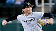 Vanderbilt pitcher Austin Nye (40) throws to a Tennessee Tech batter in the first inning of an NCAA college baseball game at Hawkins Field Tuesday, Feb. 25, 2025, in Nashville, Tenn.