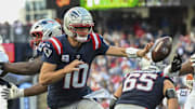 Oct 26, 2025; Foxborough, Massachusetts, USA;  New England Patriots quarterback Drake Maye (10) makes a pass during the fourth quarter against the Cleveland Browns at Gillette Stadium. Mandatory Credit: Brian Fluharty-Imagn Images