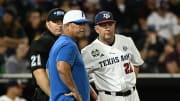 Jun 15, 2024; Omaha, NE, USA;  Texas A&M Aggies head coach Schlossnagle and Florida Gators head coach Kevin O'Sullivan meet before the game at Charles Schwab Field Omaha.