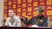 Parker Fox and Dawson Garcia talk to the media after the Gophers' upset win over Oregon