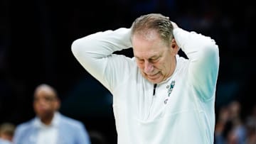 Michigan State head coach Tom Izzo reacts to a play against North Carolina during the second half of the NCAA tournament West Region second round at Spectrum Center in Charlotte, N.C. on Saturday, March 23, 2024.