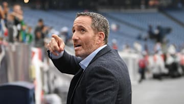 Aug 15, 2024; Foxborough, MA, USA; Philadelphia Eagles executive vice president and general manager Howie Roseman speaks to fans before a game between the New England Patriots and the Philadelphia Eagles at Gillette Stadium. Mandatory Credit: Eric Canha-Imagn Images
