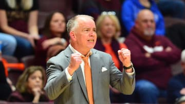 Feb 13, 2024; Blacksburg, Virginia, USA; Virginia Tech Hokies head coach Mike Young watches his team during the first half at Cassell Coliseum. Mandatory Credit: Brian Bishop-USA TODAY Sports