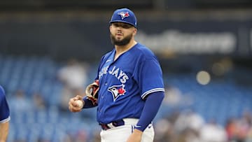 Jun 5, 2023; Toronto, Ontario, CAN; Toronto Blue Jays starting pitcher Alek Manoah (6) reacts before getting pulled from the game during the first inning against the Houston Astros at Rogers Centre. Mandatory Credit: John E. Sokolowski-Imagn Images