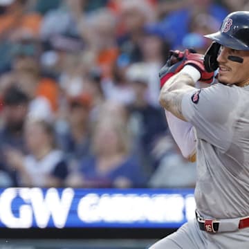 Boston Red Sox outfielder Jarren Duran (16) hits a double in the third inning against the Detroit Tigers at Comerica Park on Aug 30.