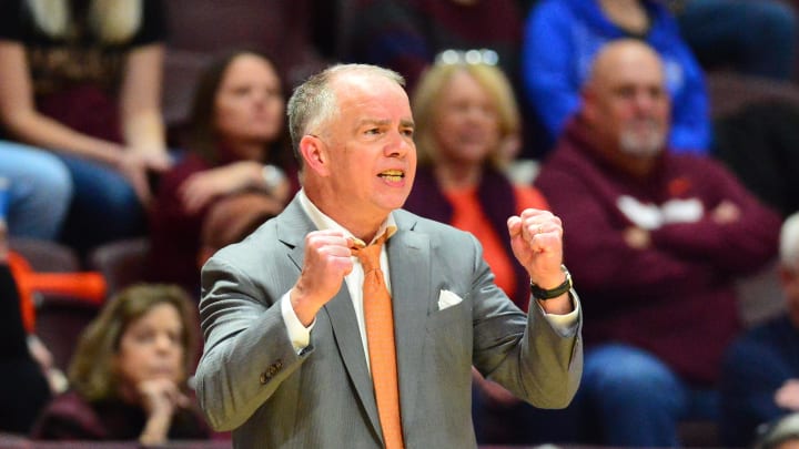 Feb 13, 2024; Blacksburg, Virginia, USA; Virginia Tech Hokies head coach Mike Young watches his team during the first half at Cassell Coliseum. Mandatory Credit: Brian Bishop-USA TODAY Sports