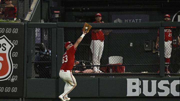 Jun 28, 2024; St. Louis, Missouri, USA; St. Louis Cardinals outfielder Michael Siani (63) catches a fly ball from Cincinnati Reds third baseman Noelvi Marte (not pictured) during the sixth inning at Busch Stadium. Mandatory Credit: Jeff Le-USA TODAY Sports
